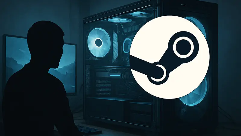Логотип Steam на фоне игрового компьютера, представляющего открытую платформу Valve