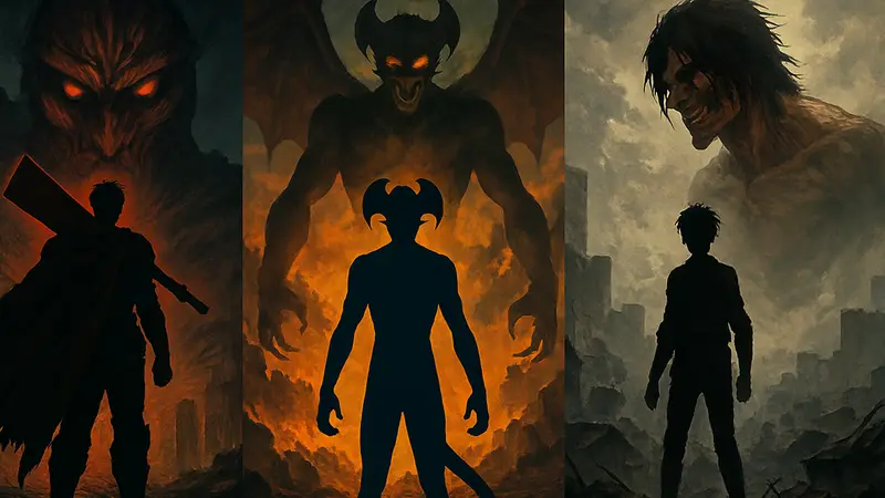 Обложки аниме в жанре дарк фэнтези, включая Berserk, Devilman Crybaby, Attack on Titan.