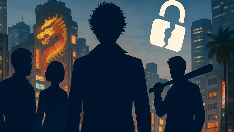 Персонажи из игры Like a Dragon: Infinite Wealth на фоне городского пейзажа, символизирующие взлом Denuvo.