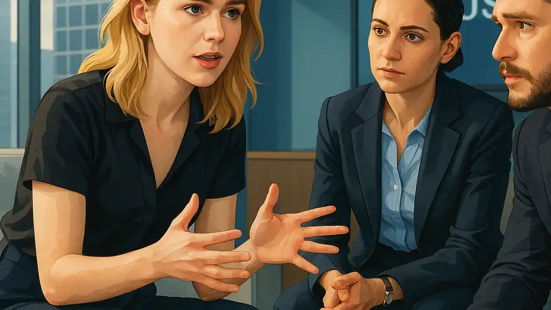 Кирнан Шипка, Мариса Абела и Кит Харингтон в сцене из сериала "Индустрия" HBO, обсуждающие эпизод.