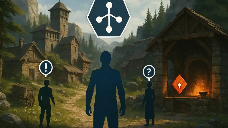 Скриншот из игры The Forge с маркерами квестов или системой развития персонажа.