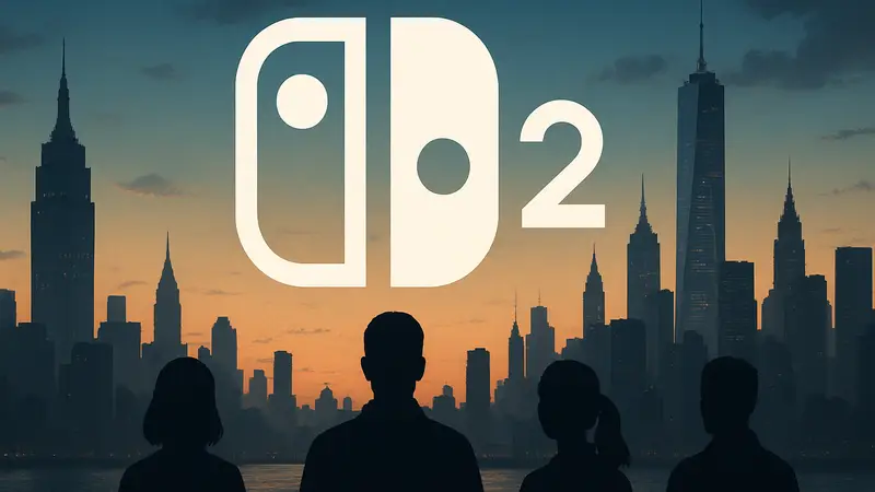 Логотип Nintendo Switch 2 на фоне силуэт а Нью-Йорка, символизирующий прошедший превью-ивент