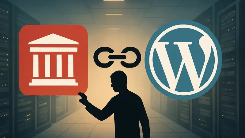Логотип Wayback Machine и WordPress, символизирующие исправление битых ссылок в интернете.