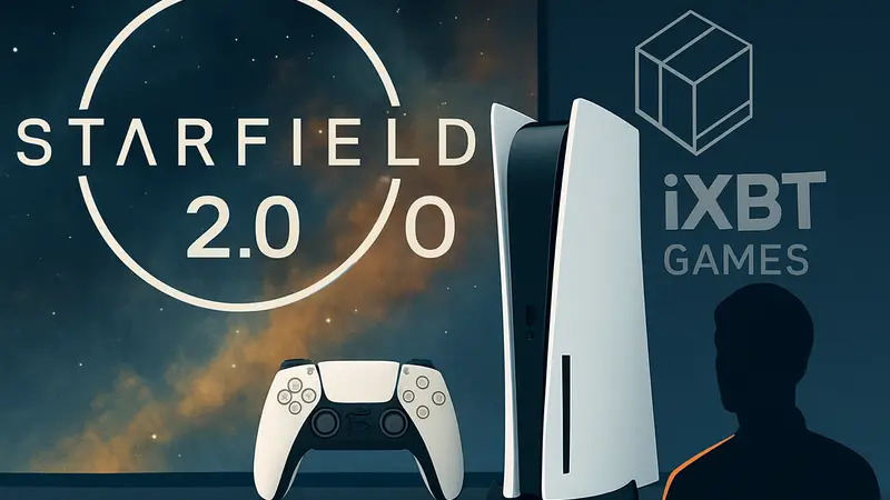 Логотип Starfield 2.0 и изображение консоли PS5 Pro на фоне логотипа iXBT Games