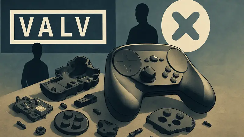 Детали контроллера Steam Controller на фоне логотипов Valve и iFixit.