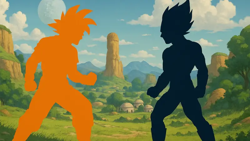 Гоку и Вегета из Dragon Ball, стоящие друг напротив друга, готовятся к финальной битве