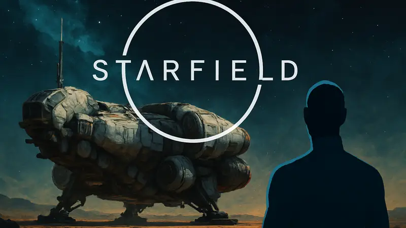 Логотип Starfield на фоне космического корабля, Bethesda анонсирует новости.