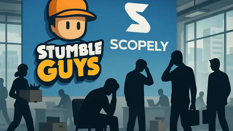 Логотип игры Stumble Guys и компании Scopely на фоне увольнений разработчиков
