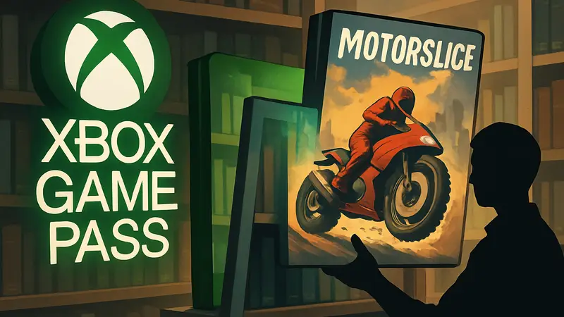 Логотип Xbox Game Pass, обложка игры Motorslice, иллюстрация пополнения игровой библиотеки