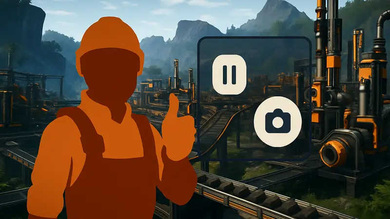 Игровой скриншот из Satisfactory с интерфейсом паузы или камеры для селфи, демонстрирующий новые функции.