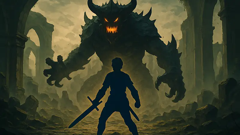 Герой JRPG в битве с огромным боссом, символизирующая сложность и вызов на PS5.