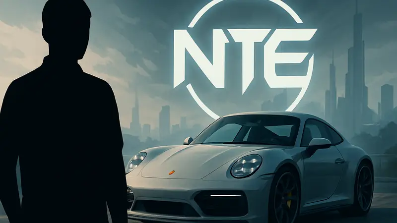 Логотип Neverness to Everness (NTE) на фоне гоночного автомобиля Porsche, намекающий на коллаборацию.
