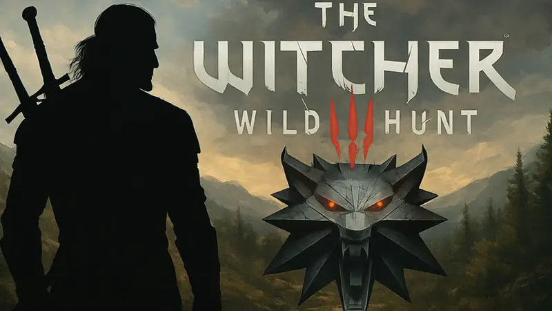 Геральт из Ривии на фоне логотипа The Witcher 3 Wild Hunt