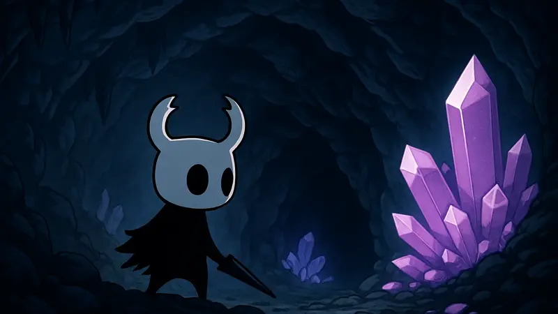 Изображение главного героя Hollow Knight, Рыцаря, исследующего скрытую пещеру с кристаллами