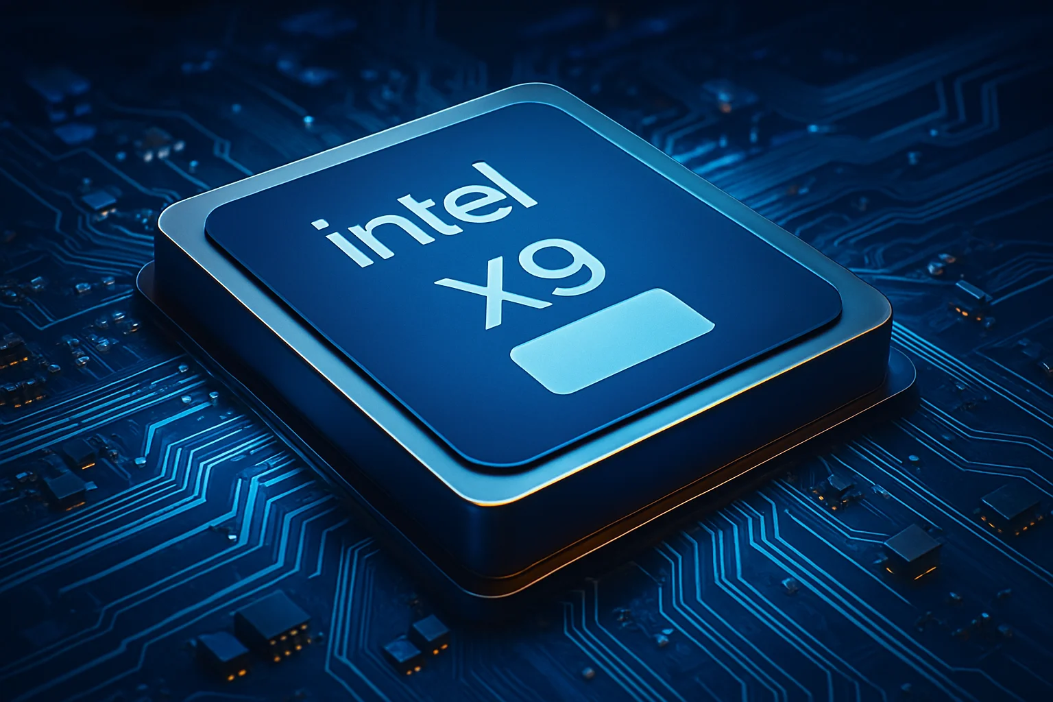 Изображение мобильного процессора Intel Core Ultra X9 388H или логотип Intel.