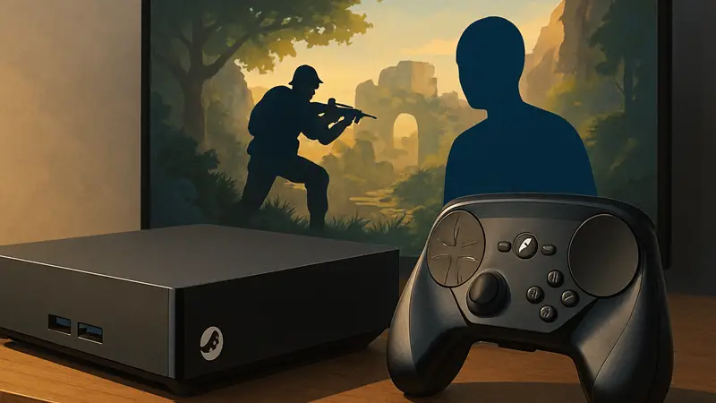 Изображение игровой приставки Steam Machine с контроллером на фоне экрана игры