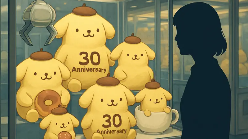 Плюшевые игрушки Pompompurin различных размеров и форм, демонстрирующие дизайн к 30-летию персонажа Sanrio