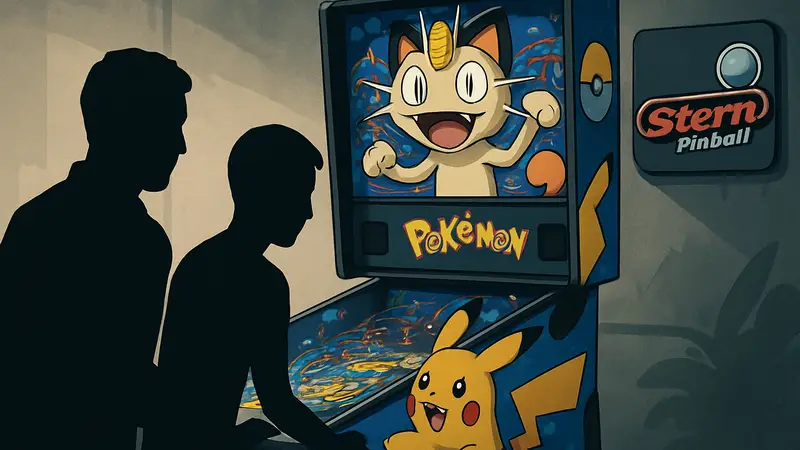 Пинбол-автомат Pokemon с изоб ражением Мяута и Пикачу, логотип Stern Pinball и элементы дизайна.