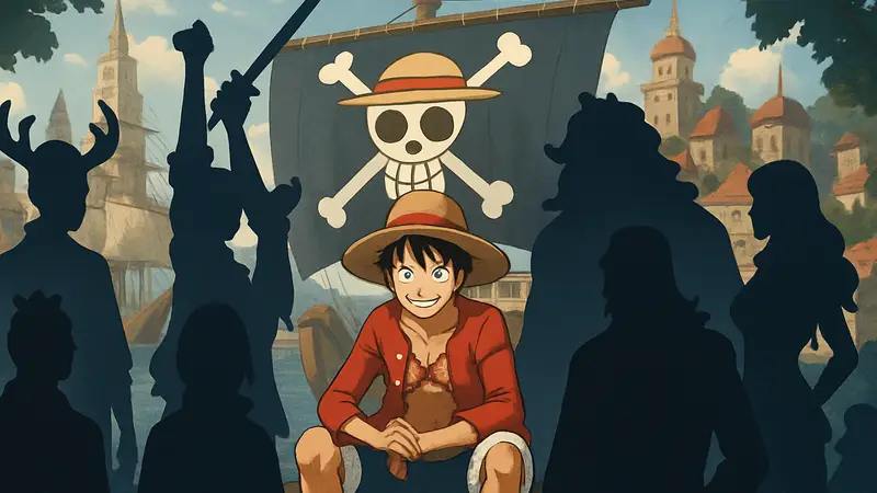Логотип аниме One Piece с главным героем Монки Д. Луффи, окруженным различными персонажами.