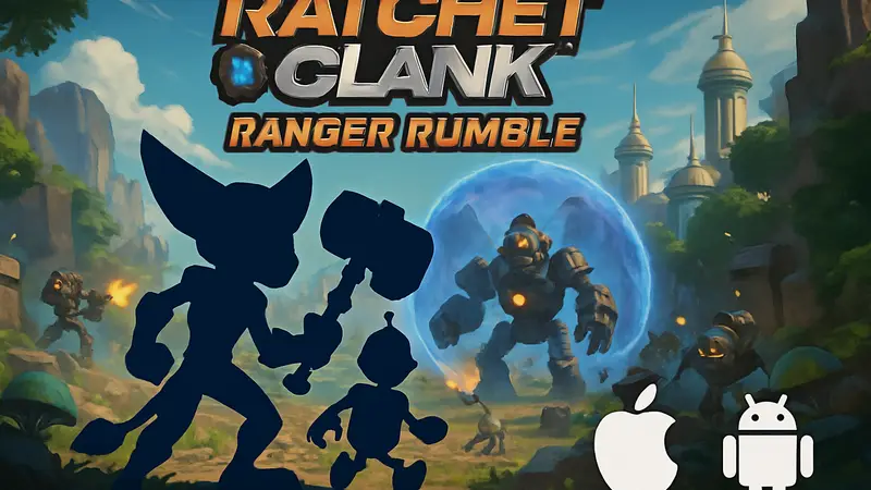 Скриншот из мобильной игры Ratchet & Clank: Ranger Rumble, где Рэтчет и Кланк сражаются с врагами, с логотипами iOS и Android.