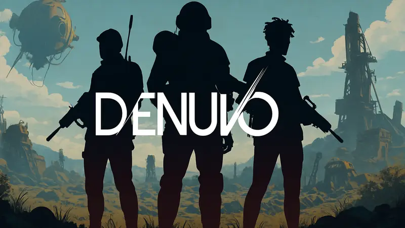 Логотип античит-системы Denuvo на фоне персонажей из игры Arc Raiders.