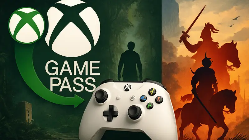 Логотип Xbox Game Pass, контроллер Xbox и изображения новых игр