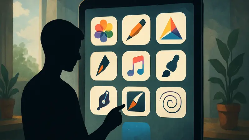 Разнообразие иконок креативных приложений на экране iPad