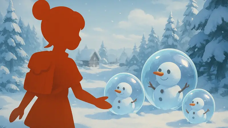 Игровой персонаж из Heartopia рядом с пузырями-снеговиками в зимнем пейзаже.