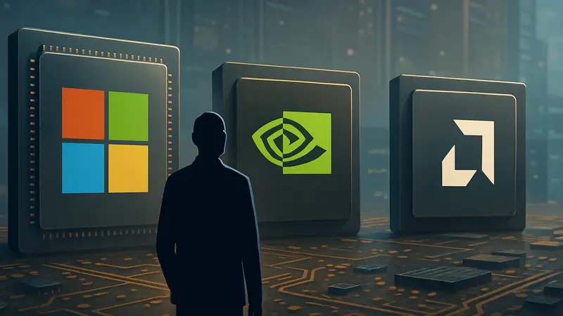 Логотипы Microsoft, Nvidia и AMD, символизирующие сотрудничество в области AI-чипов и технологий.