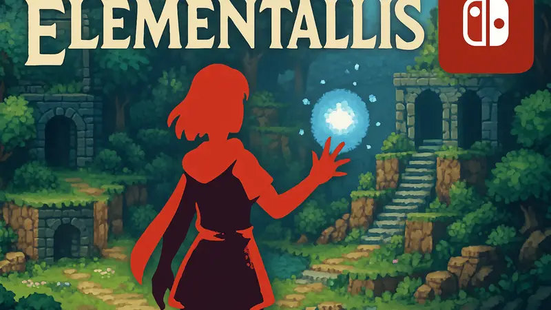 Обложка игры Elementallis, героиня с магией, пиксельная графика, логотип Switch.