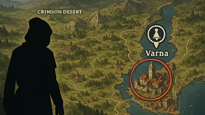 Карта Crimson Desert с отмеченным городом Варния и точкой телепортации