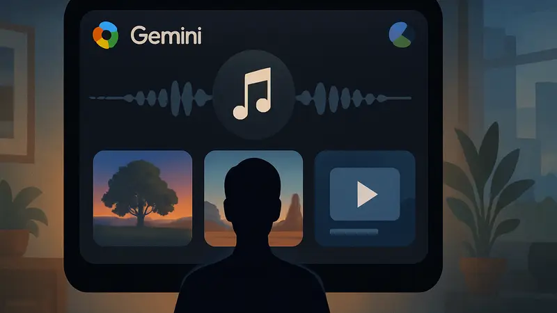Интерфейс приложения Google Gemini, показывающий функцию генерации музыки из различных медиаформатов.