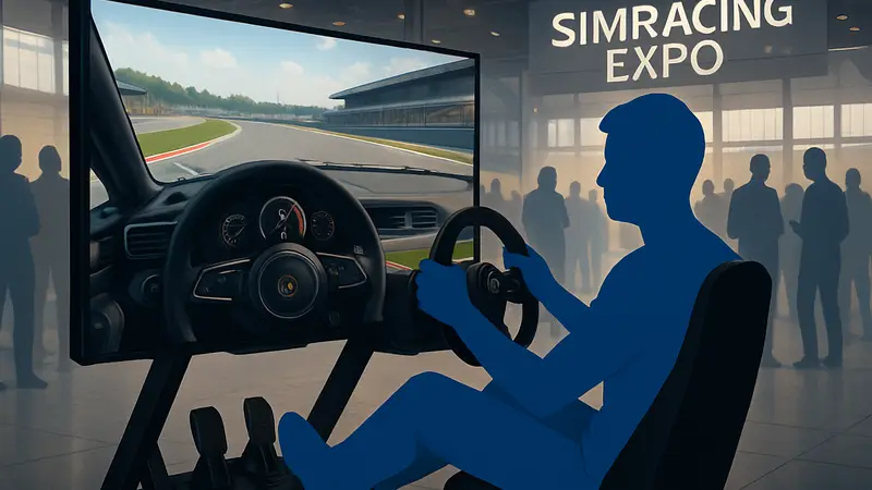 Гоночный симулятор на выставке SimRacing Expo 2026 с рулем и педалями