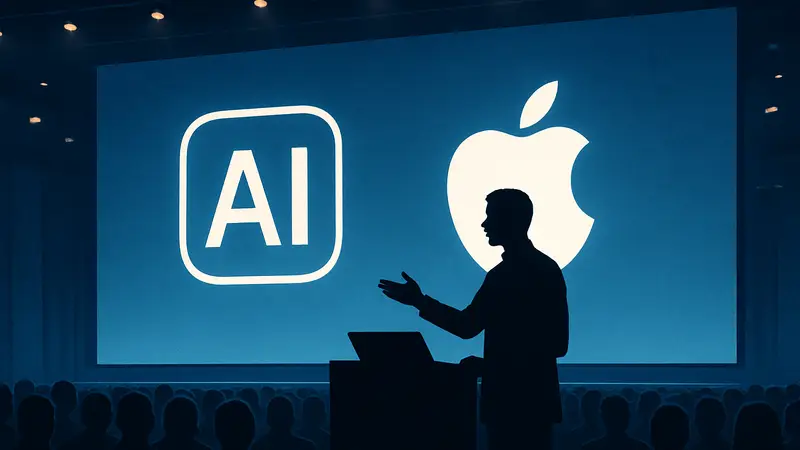 Презентация Apple WWDC 2026, выступающий на фоне логотипов AI и Apple