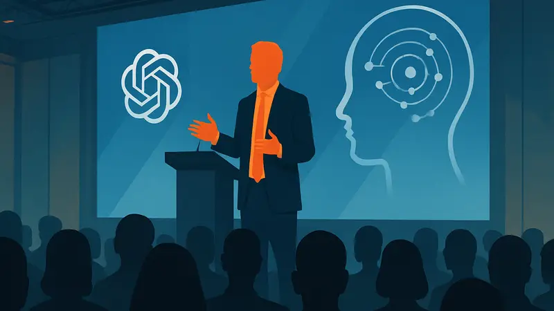 Брэд Лайткап, COO OpenAI, выступает на конференции о будущем искусственного интеллекта в бизнесе и его применении.