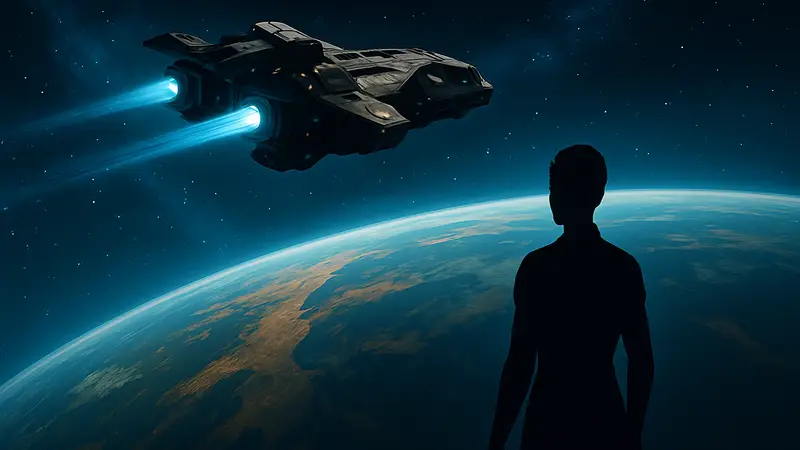 Футуристический космический корабль из Elite Dangerous, пролетающий над живописной планетой в космосе.