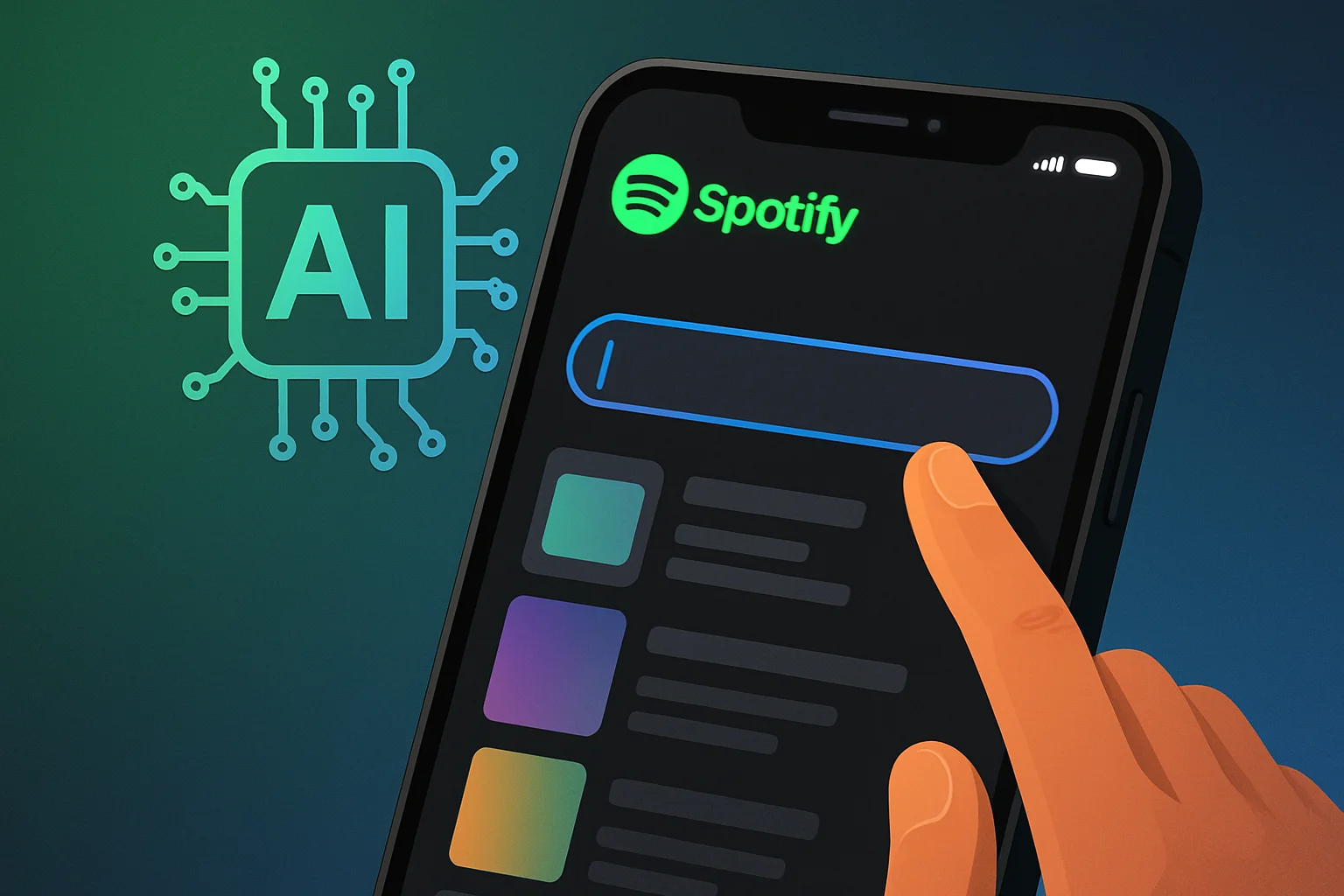Интерфейс Spotify на смартфоне, показывающий функцию Prompted Playlists с полем ввода для текстовых запросов, иконка искусственного интеллекта.