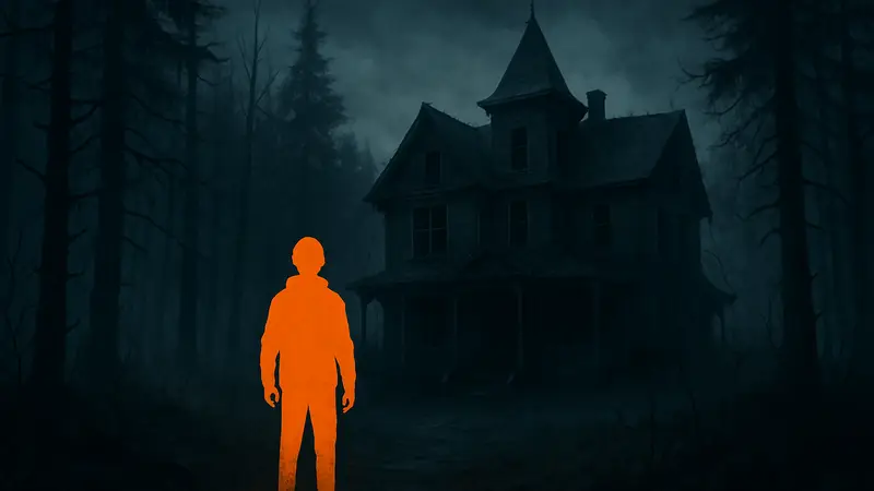 Логотип Silver Pines на фоне мрачного леса или зловещего дома.