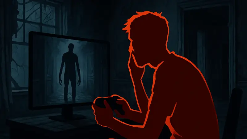 Напуганный игрок в тёмной хоррор-игре, где разработчики используют психологические приёмы страха.