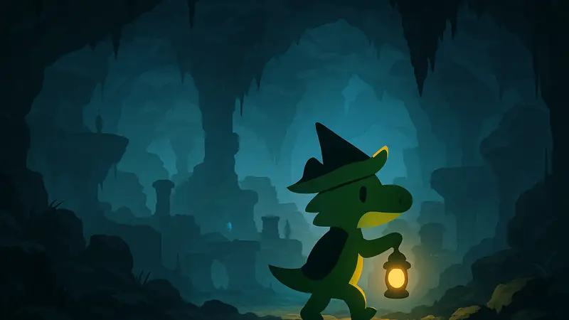 Маленький зелёный аллигатор в шляпе героя из Zelda исследует подземные локации в Lil Gator Game: In The Dark.