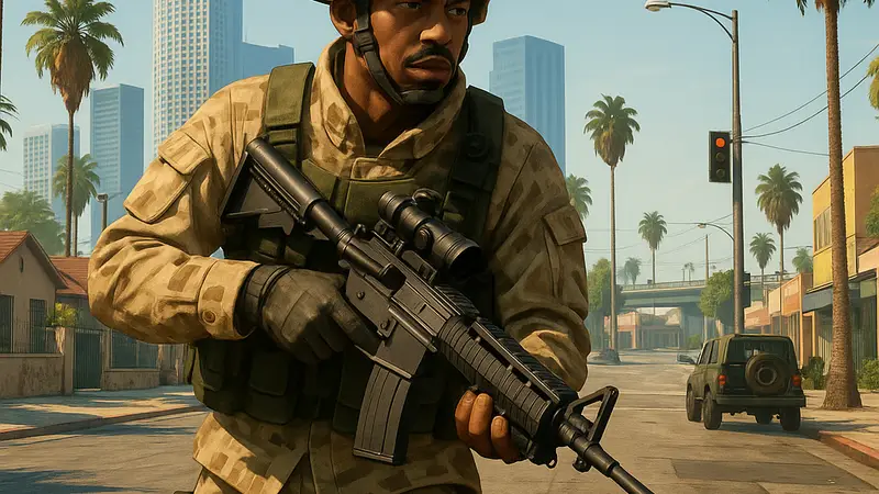 Скриншот из мода Battlefield 2, показывающий солдата в стиле GTA San Andreas на улицах Лос-Сантоса