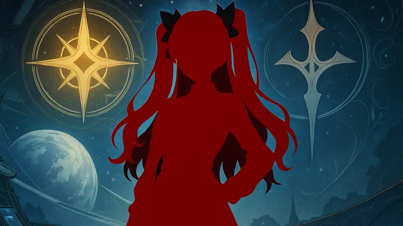 Рин Тосака из Honkai Star Rail на фоне символов Fate. Новый персонаж и коллаборация.