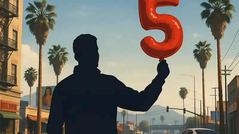 Игровой персонаж из GTA 5 на сервере New Day RP празднует 5-летие проекта.