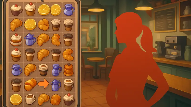 Игровой скриншот Pixel Cafe, показывающий интерфейс merge-головоломки и элементы кафе