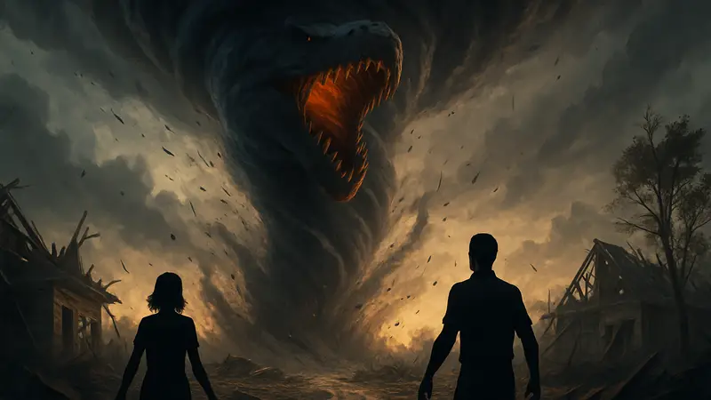 Изображение разрушительного торнадо из фильма «Смерч», символизирующего монстра.