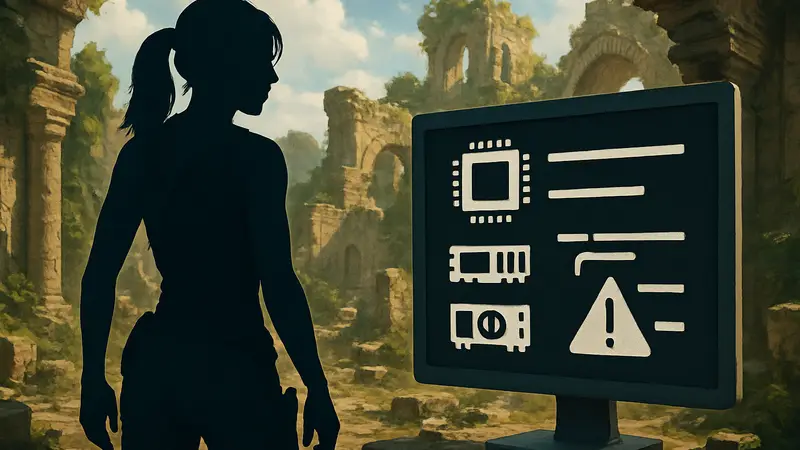 Лара Крофт из игры Tomb Raider на фоне древних руин, стилизованное изображение системных требований на экране.
