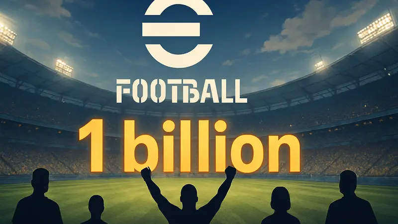 Логотип футбольного симулятора eFootball на фоне стадиона, символизирующий миллиард загрузок.