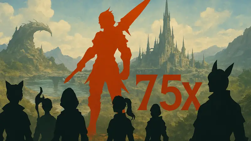 Логотип Final Fantasy XIV с изображением персонажей и надписью «7.5X»