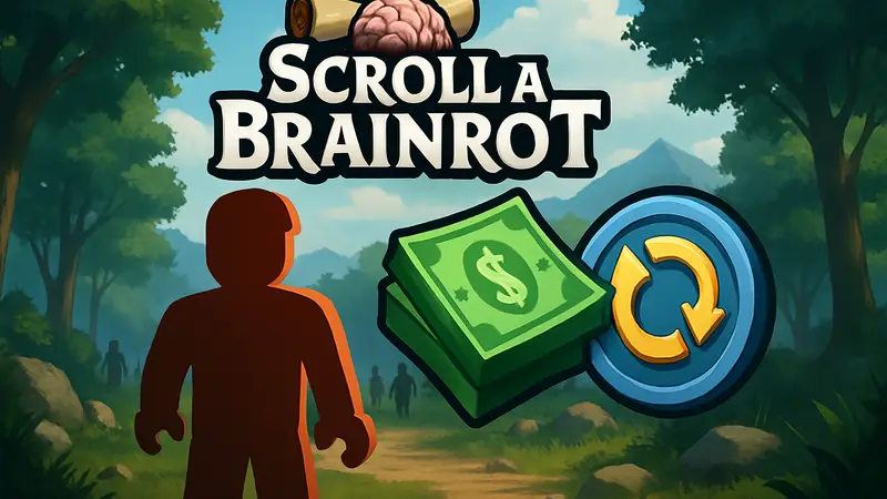Логотип Roblox Scroll a Brainrot с изображением внутриигровых предметов, символизирующих Cash и Spins.