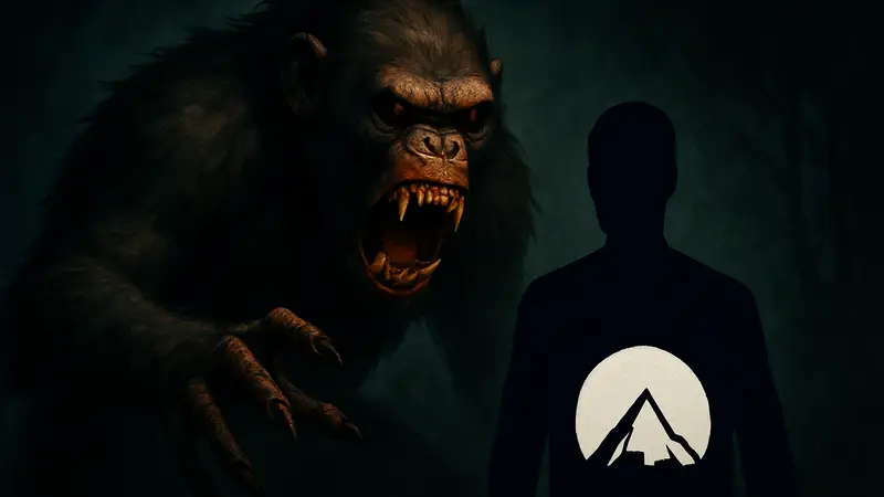 Постер фильма Primate с изображением агрессивной обезьяны на темном фоне, логотип Paramount Plus